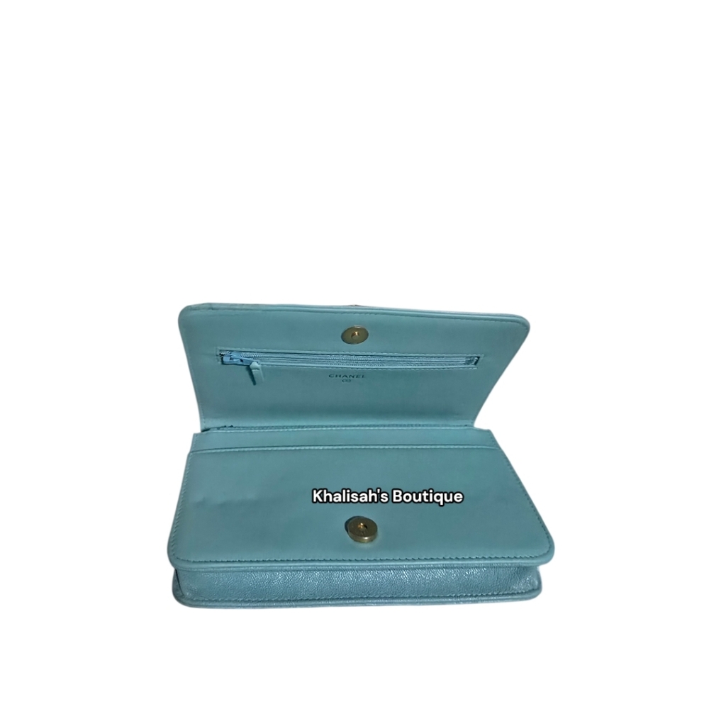 VERY RARE!!! New! Chanel CC Tiffany Blue Boy Wallet on Chain Mini BAG Teal Mint - Picture 12 of 15